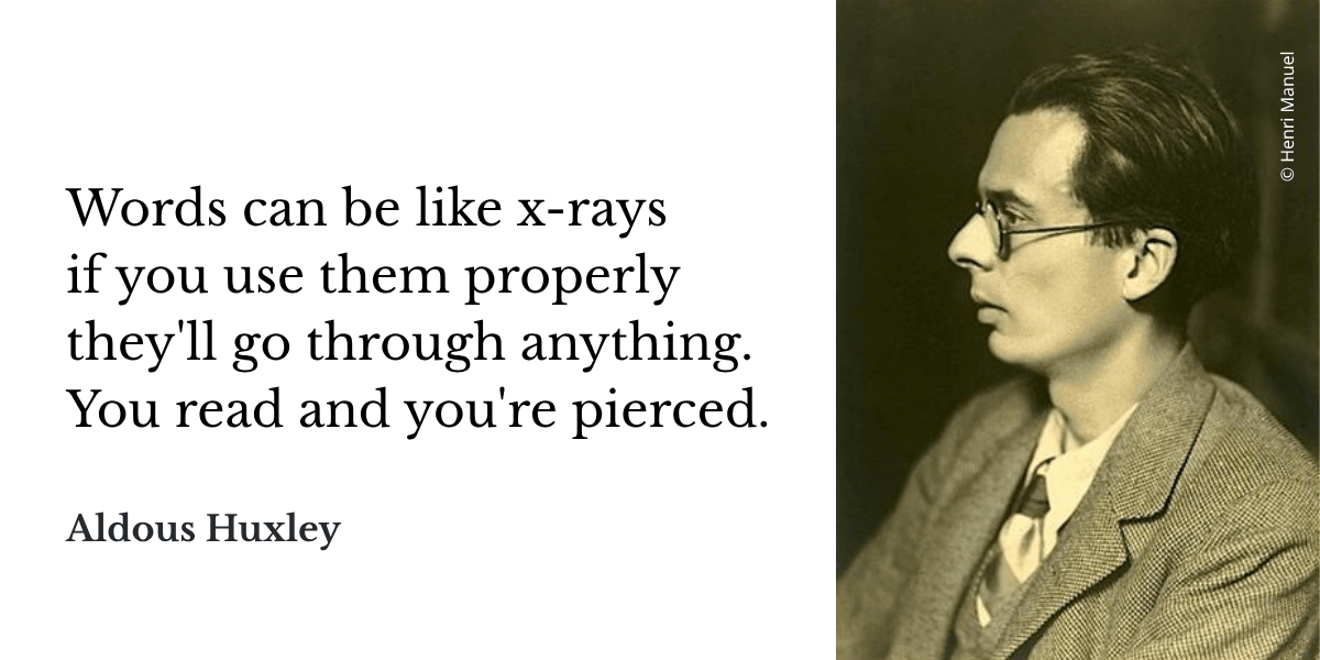 Afbeelding van een profiel van Aldous Huxley met een citaat over woorden en hun kracht.