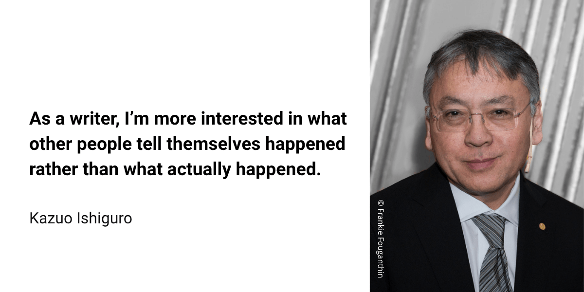 Citaat van Kazuo Ishiguro over schrijverschap met een portret van de auteur aan de rechterkant.