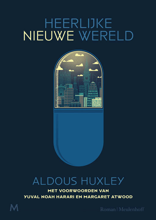 Boekomslag van 'Heerlijke Nieuwe Wereld' door Aldous Huxley, met een illustratie van een capsule die uitzicht biedt op een moderne stad.